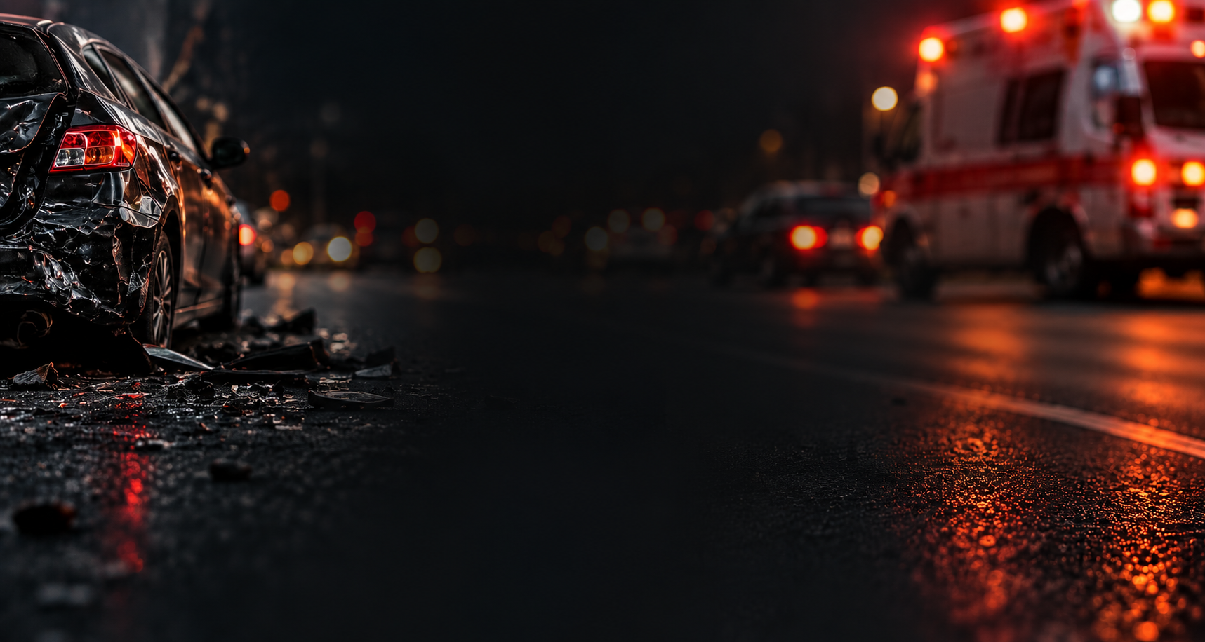 Crash scene at night with emergency lights