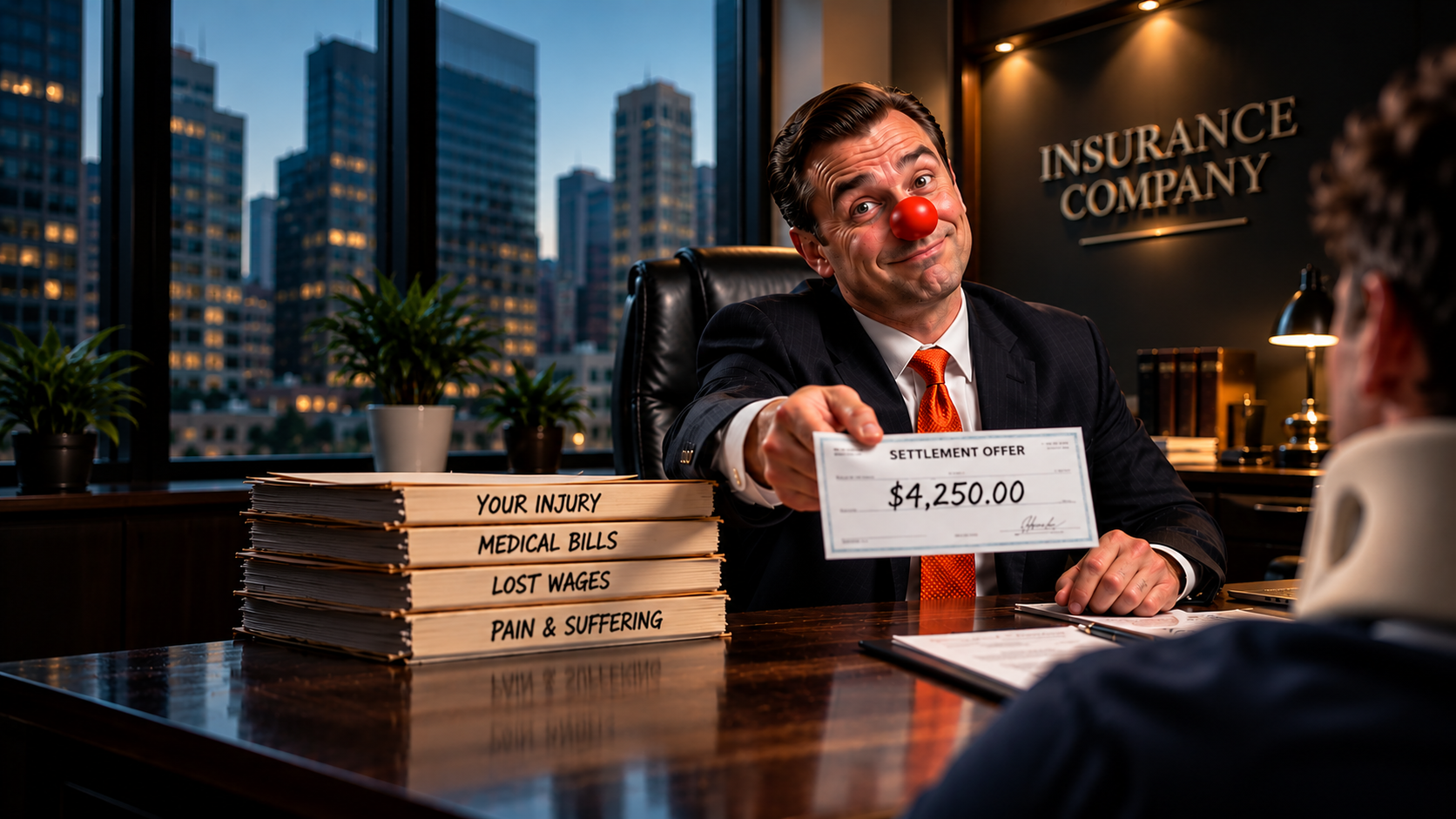 An insurance representative wearing a clown nose offers an injured client a low settlement check